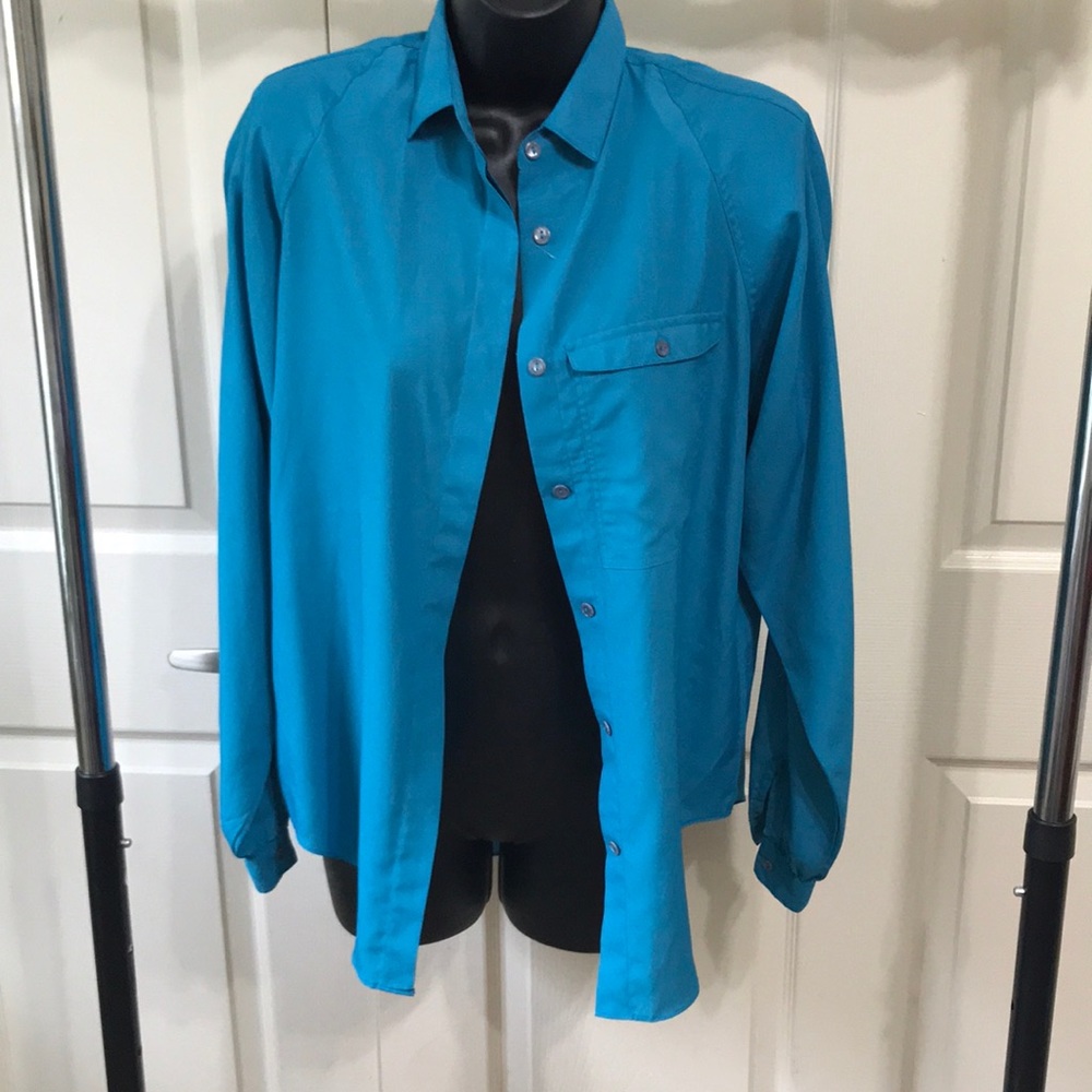 Vintage Teal Blue Button Down Blouse